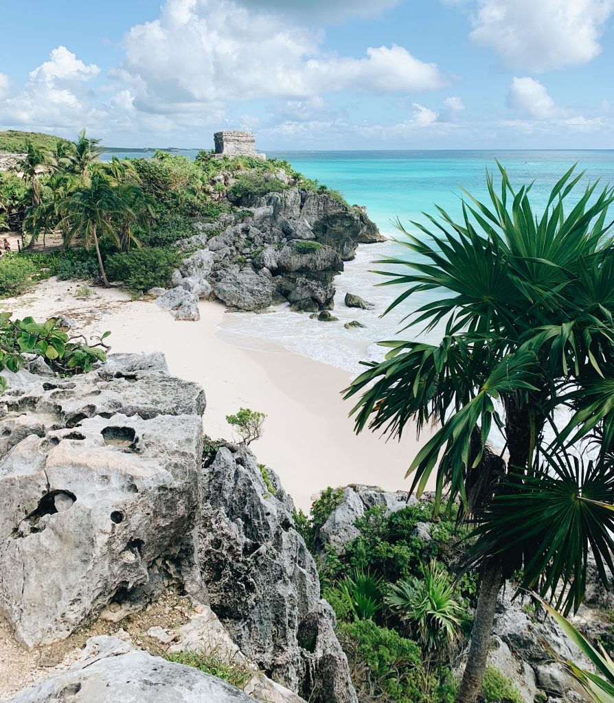 A Mayan ruin in Tulum overlooking the beach.