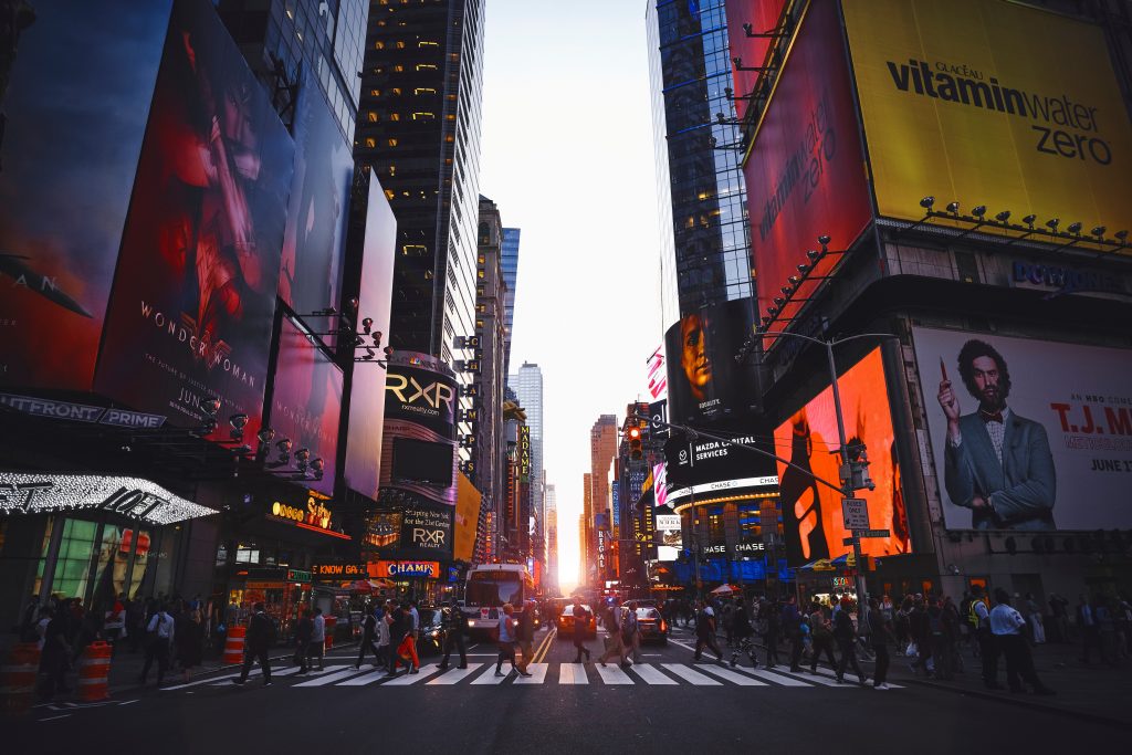 La Compagnie offers luxury flights from New York to Paris. New York Times Square pictured.