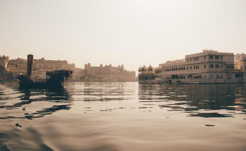 Buildings with the lake in the foreground.