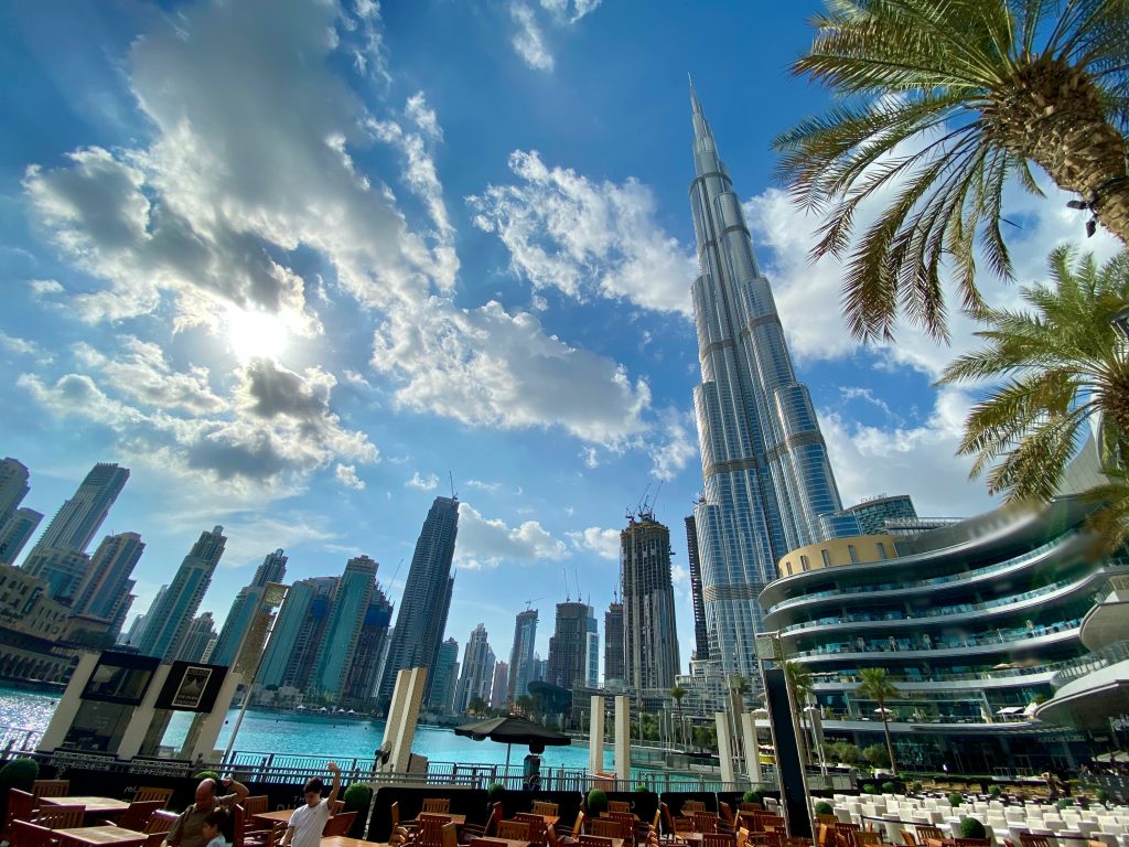 Dubai's skyline seen from the ground.