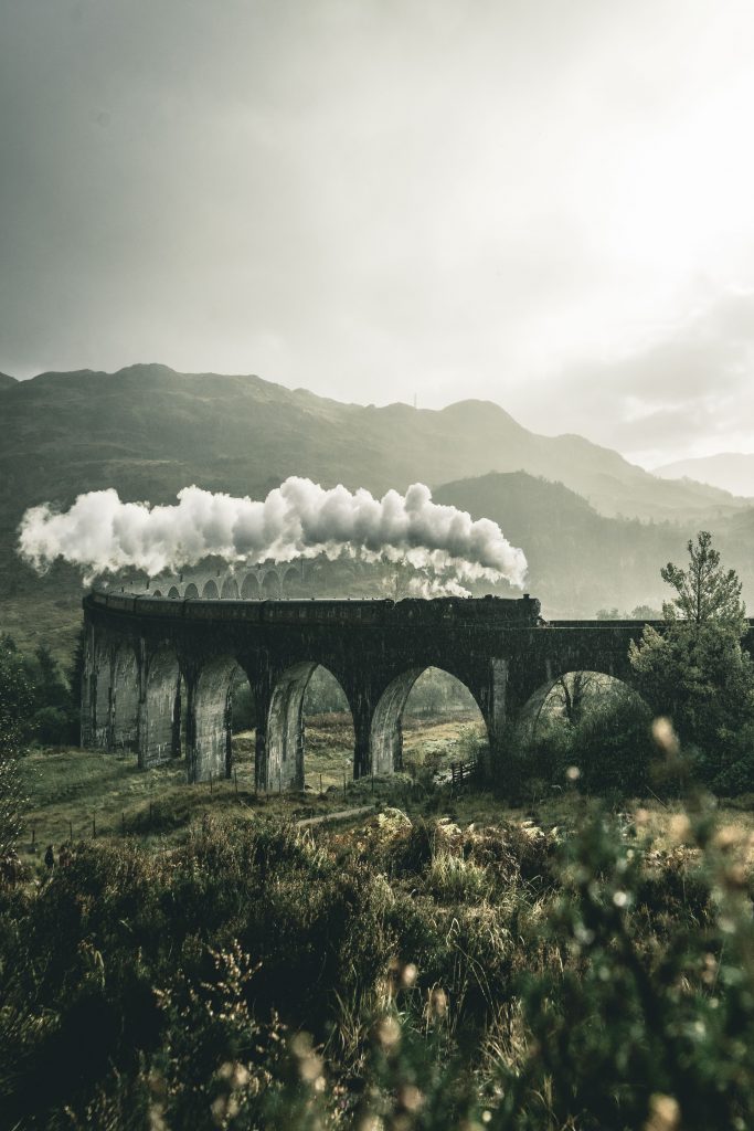 A train on a bridge in the countryside.