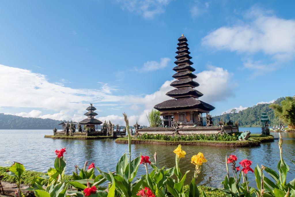 Two temples in Bali on a lake.