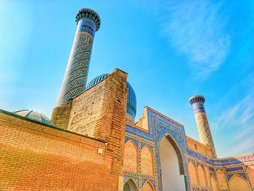 Samarkand in Uzbekistan on the Silk Road. A Mosque with a tower.