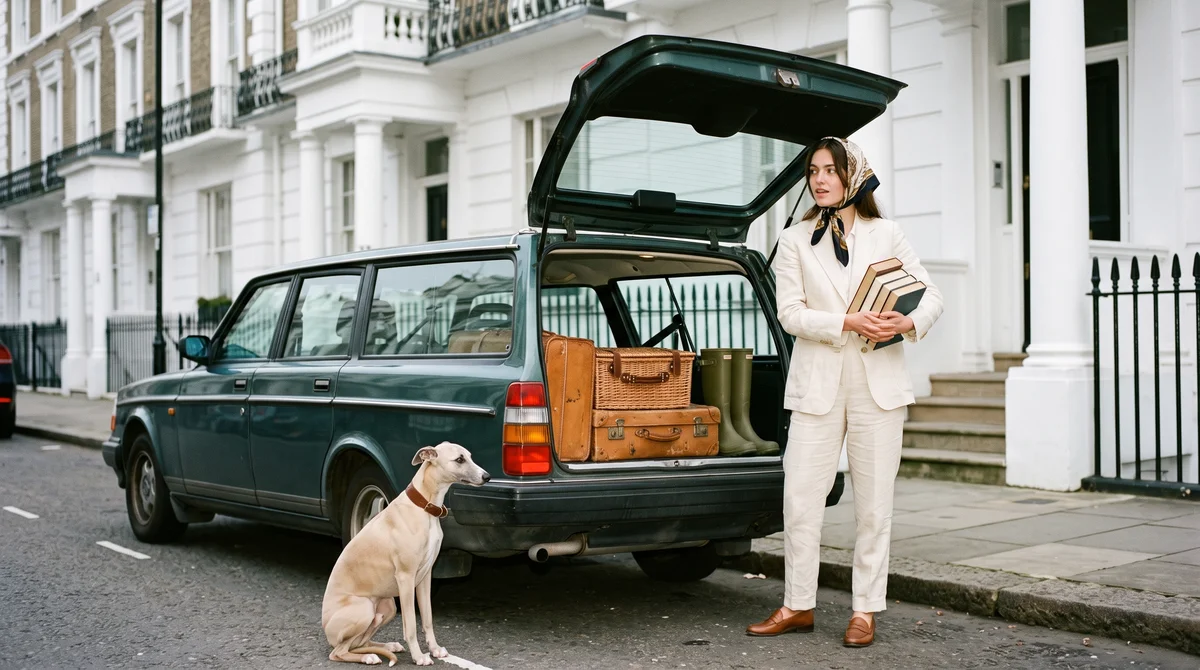 A woman in a cream linen suit and patterned silk headscarf holds a stack of hardback books beside a dark-green estate car with its boot open, packed with tan leather suitcases, a wicker hamper and green wellington boots, while a whippet sits by the rear wheel outside a white stucco terraced townhouse.