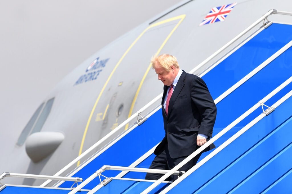 UK Prime Minister Boris Johnson disembarks the Voyager