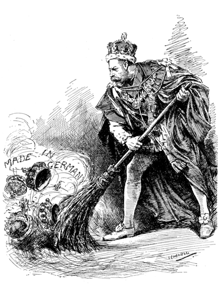 "A Good Riddance"; cartoon from Punch, Vol. 152, 27 June 1917, commenting on the King's order to relinquish all German titles held by members of his family