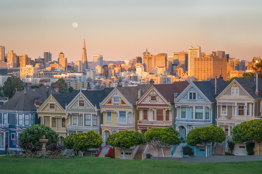 The San Francisco skyline at sunset.