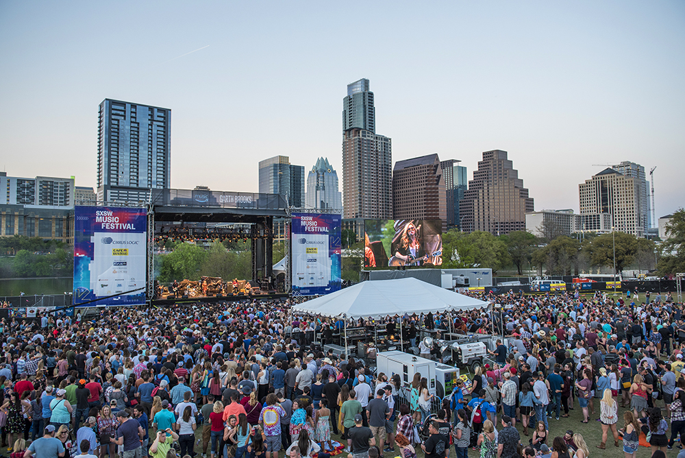 South by Southwest music festival, with the Austin skyline in the background.