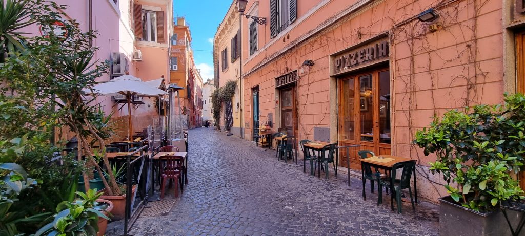 Small streets with restaurants in Trastevere.