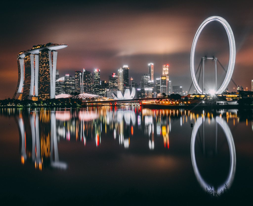 Marina Bay Sands and the Singapore skyline at night. 