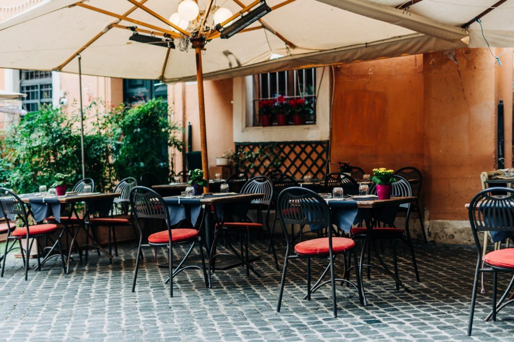 Empty tables and chairs, Rome.