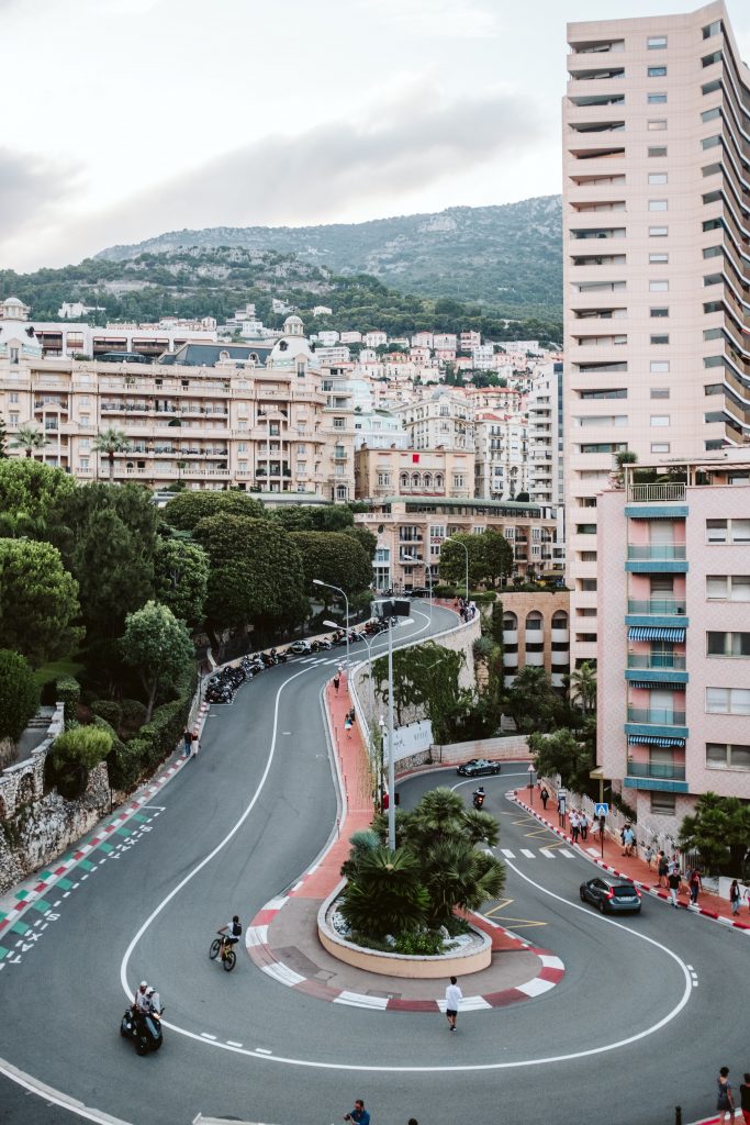 Part of the Grand Prix racecourse next to a building.
