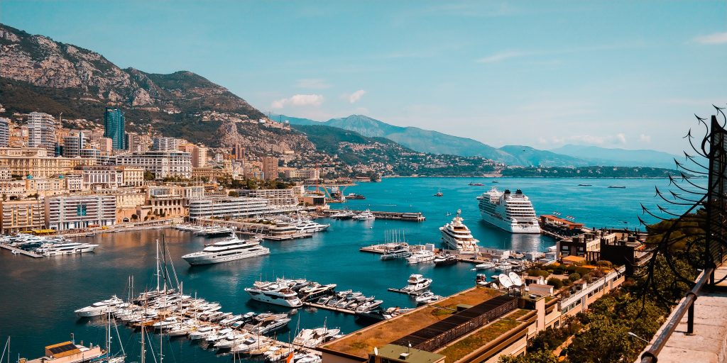 Monte Carlo overlooking the sea and docks in Monaco.