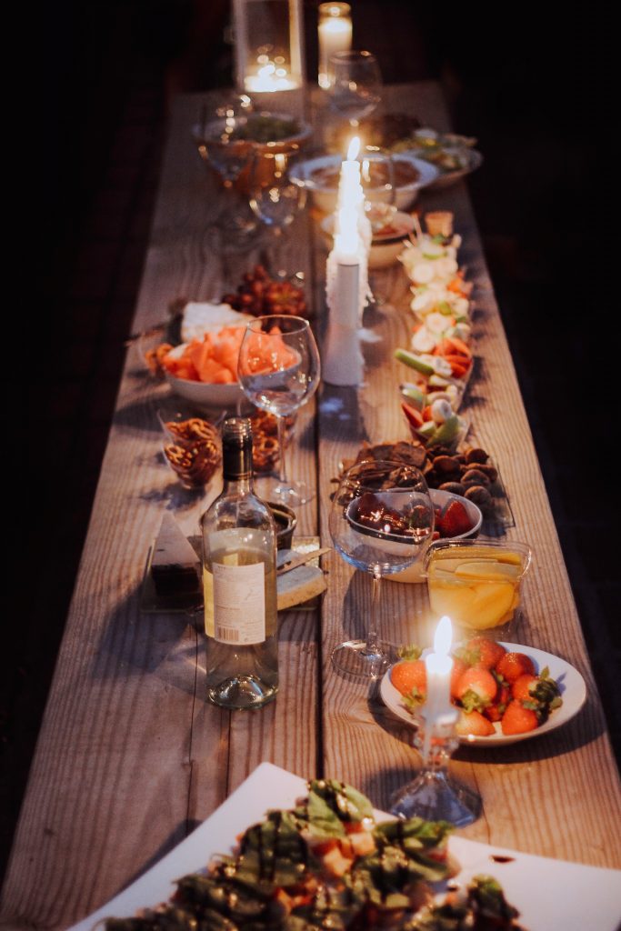 Food and wine on a table. 