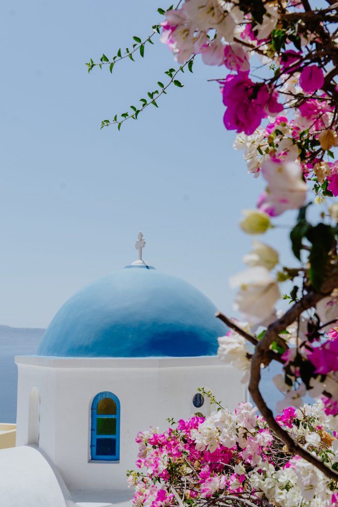 Famous blue dome on the island of Santorini.