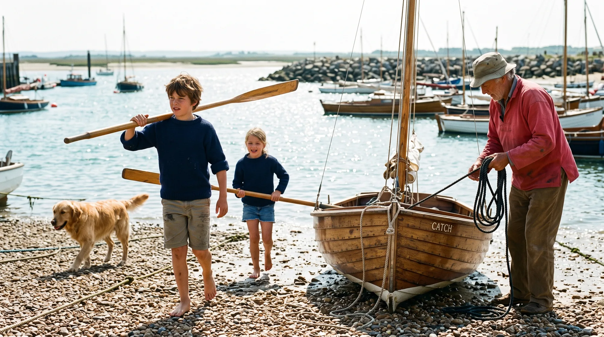 Children in navy guernsey jumpers and shorts carry oars past a wooden sailing dinghy on a sunny pebbled slipway at low tide, a golden retriever trotting ahead of an older man in a faded red sailing smock coiling rope, with moored boats on a sparkling sea behind.