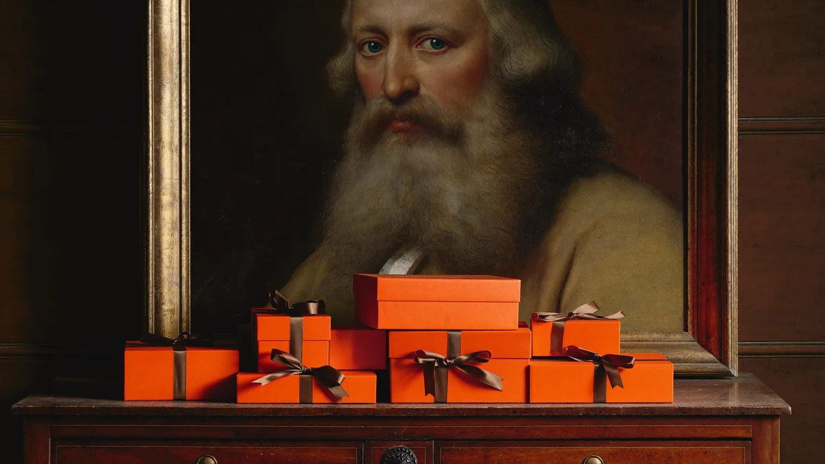 Oil portrait of a bearded man in a gilt frame behind a pile of plain orange gift boxes tied with brown ribbon, on a wooden chest of drawers