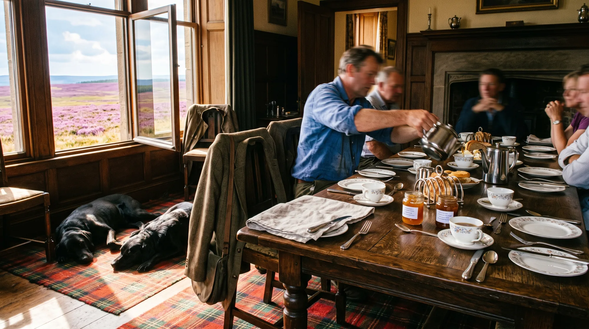 A sunlit shooting-lodge breakfast table set with silver toast racks, jam jars and teacups, tweed jackets hung over the chairs and black labradors dozing in a patch of morning sun on a tartan carpet, with open windows showing purple heather moorland under a blue sky.