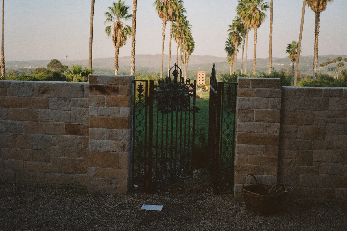 Wrought-iron garden gate standing open in a stone wall, tall palm trees and a lawn beyond, a wicker basket on the gravel path