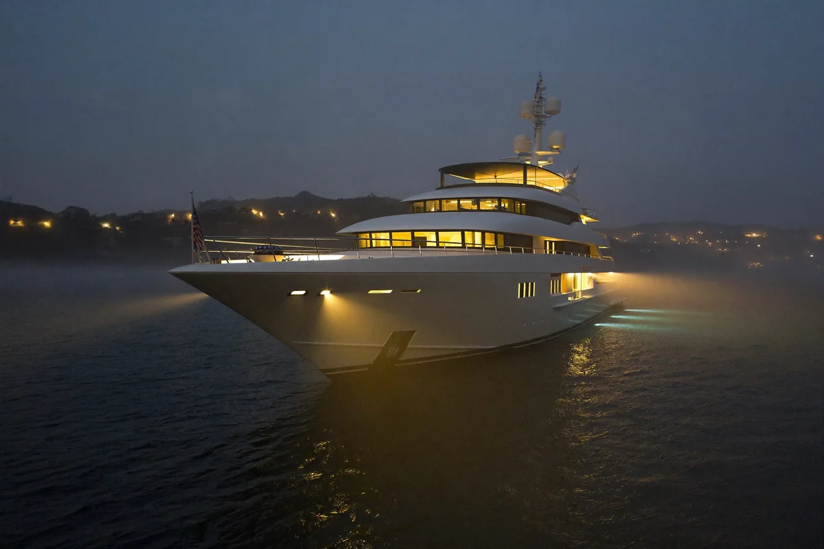 A large white superyacht at anchor at dusk with warm lights glowing from its decks, mist over dark water and hills behind