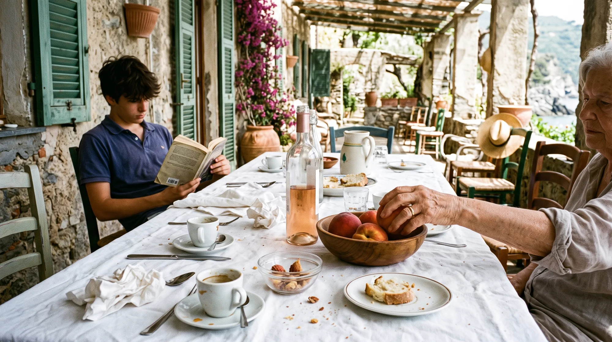 The end of a long lunch on a shaded villa terrace: a crumpled white linen tablecloth with espresso cups, a bottle of pale wine and a straw hat on a chair, green shutters and bougainvillea behind, one hand reaching for a peach while a teenager reads a paperback at the far end.