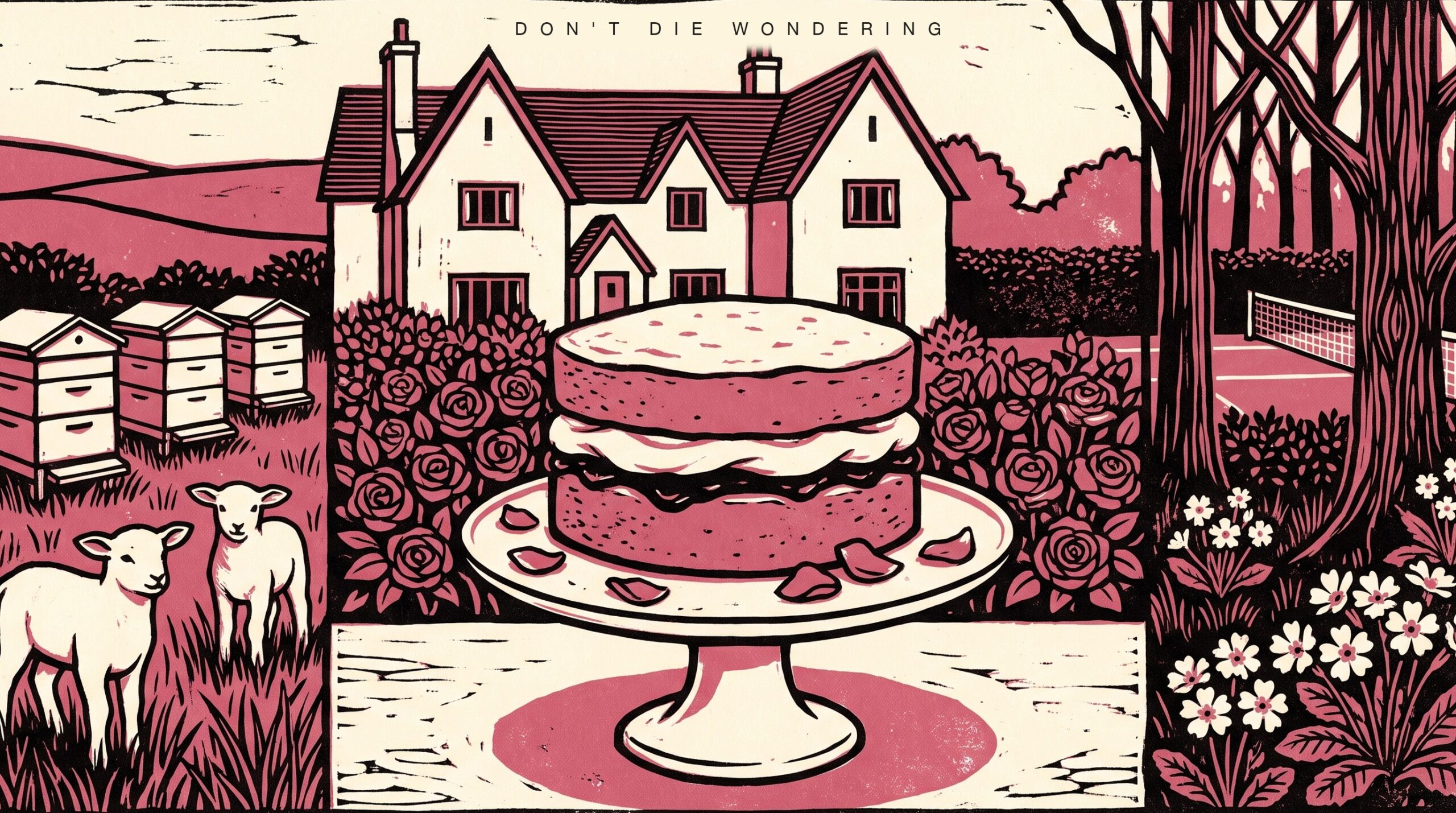 Rose-pink linocut of a Victoria sponge on a cake stand before a gabled country house, roses, beehives, lambs and primroses