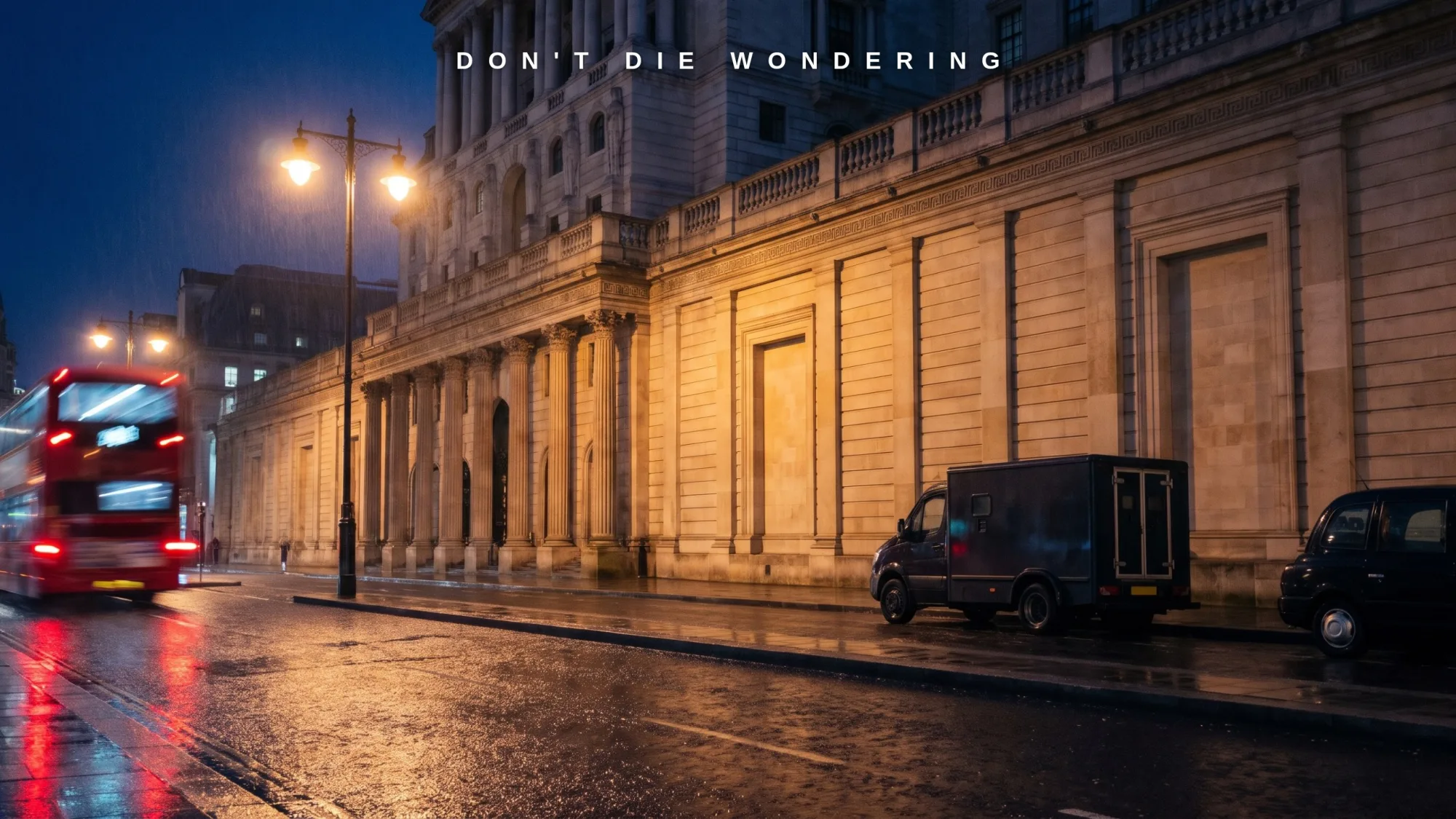 The Bank of England on Threadneedle Street at night after rain, a bullion van at the kerb