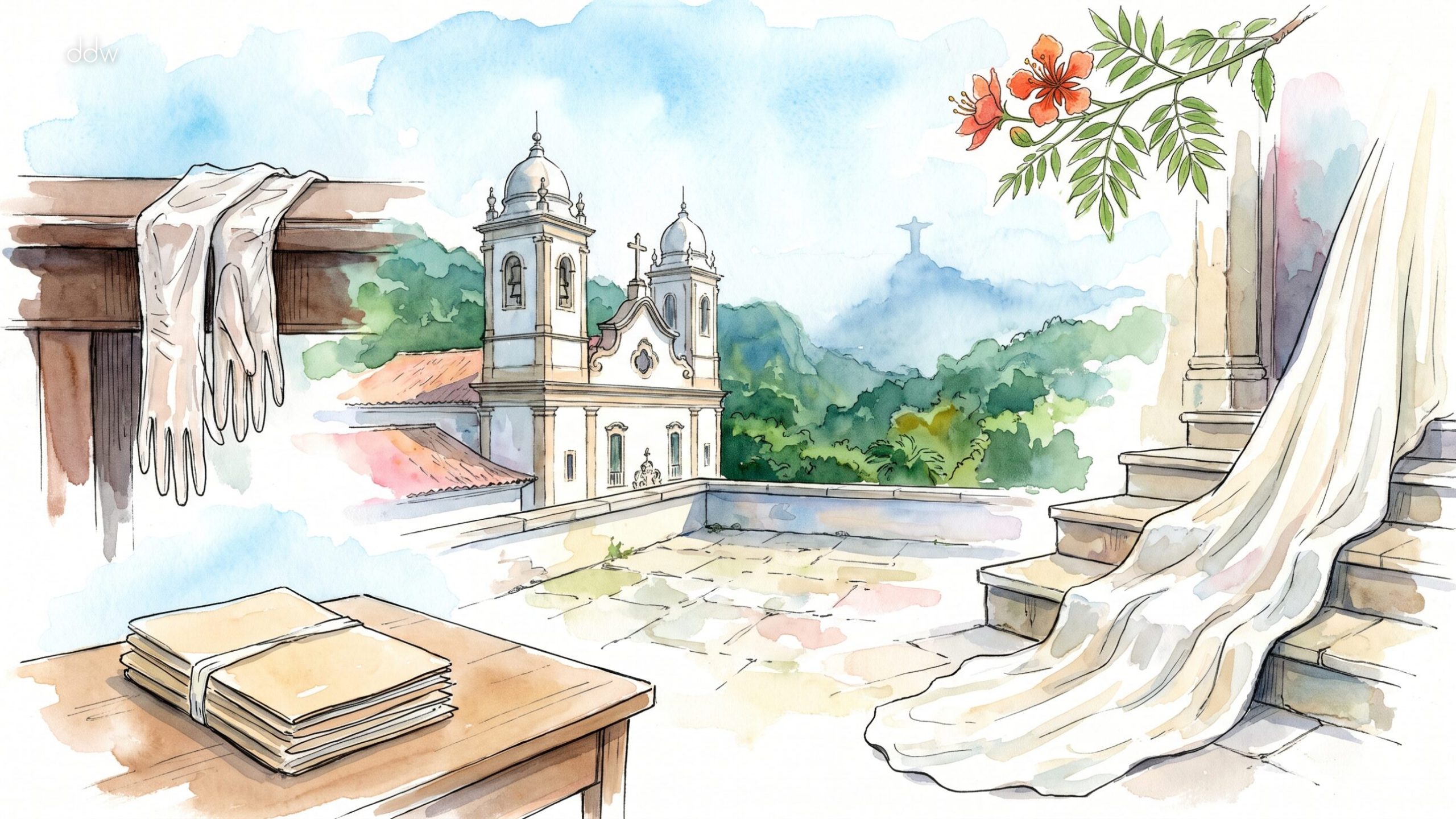 A watercolour of a Rio de Janeiro church, a wedding gown and a pair of gloves