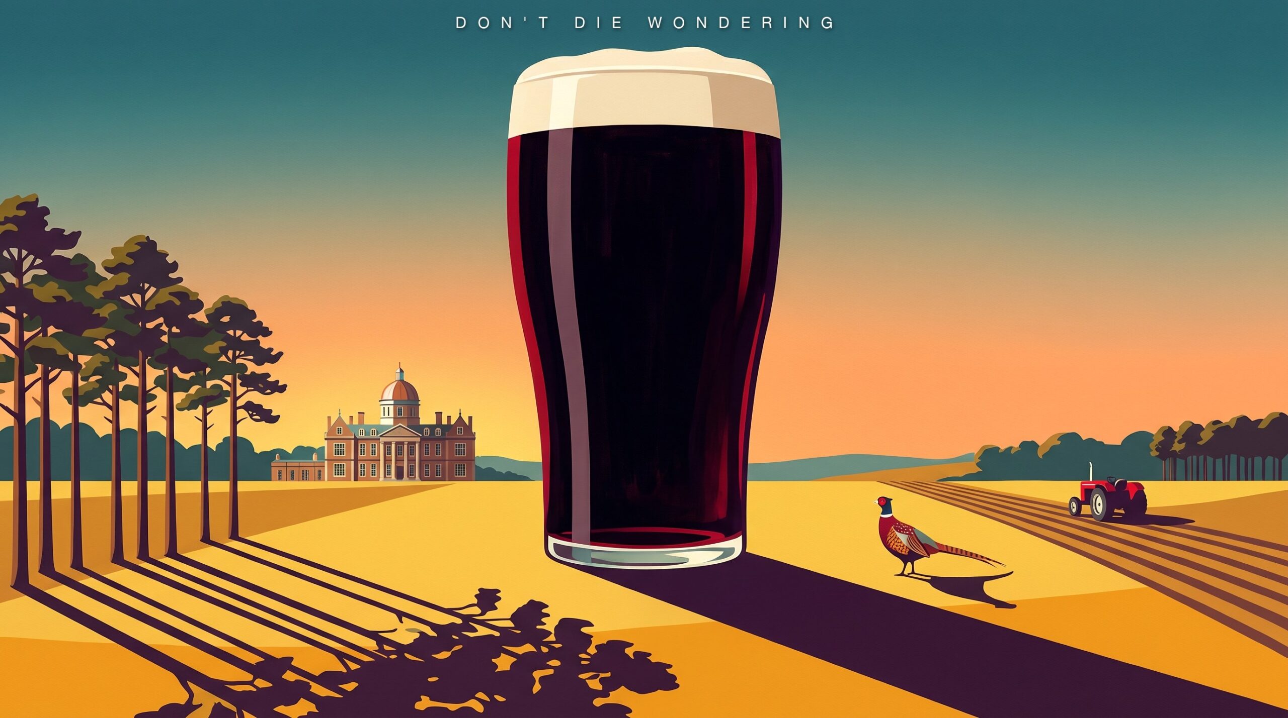 A towering pint of stout over the Suffolk Breckland at sunset, a domed country house among the pines