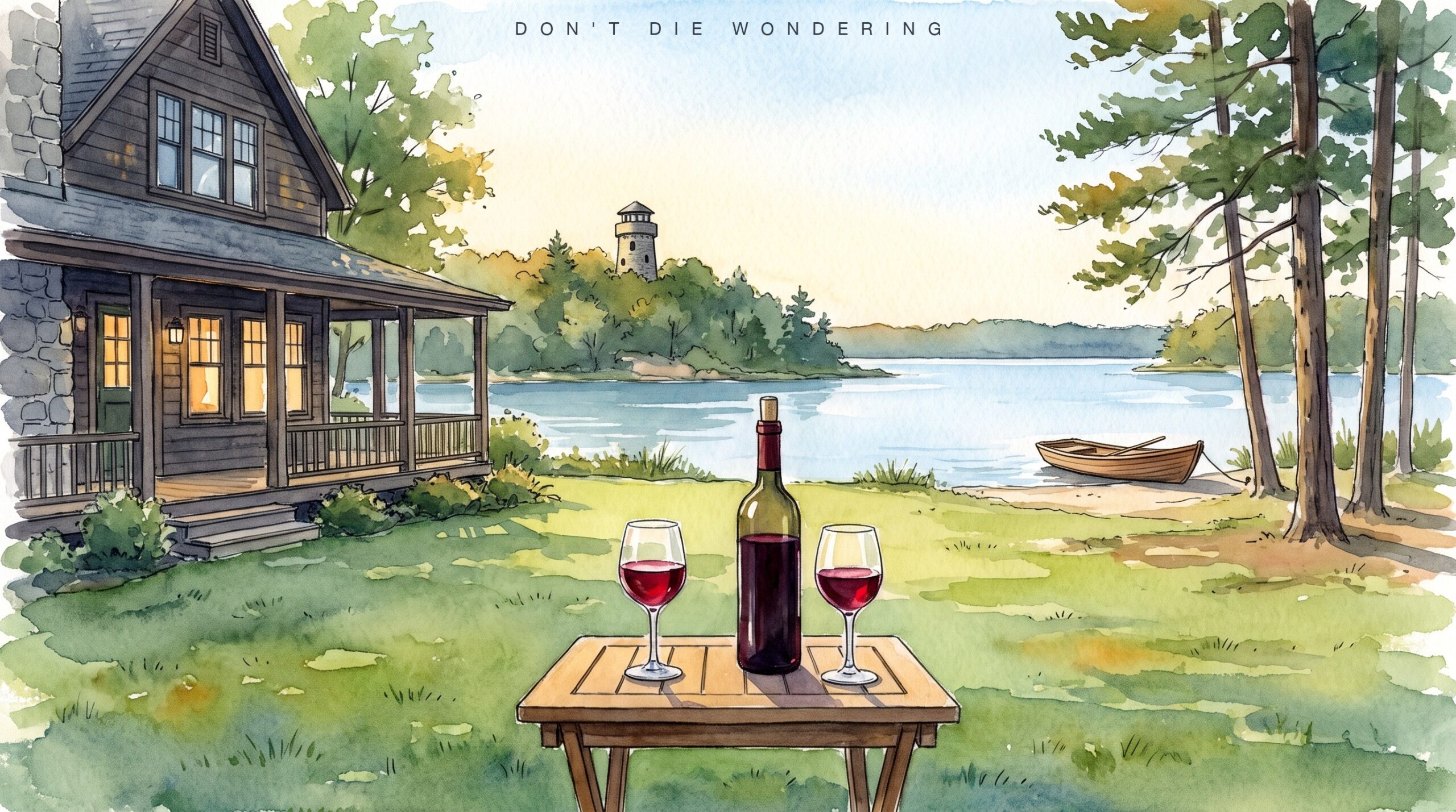 Watercolour of a lakeside lawn on Scargo Lake with a bottle of red wine and two glasses on a table, a dark timber house and a stone tower beyond