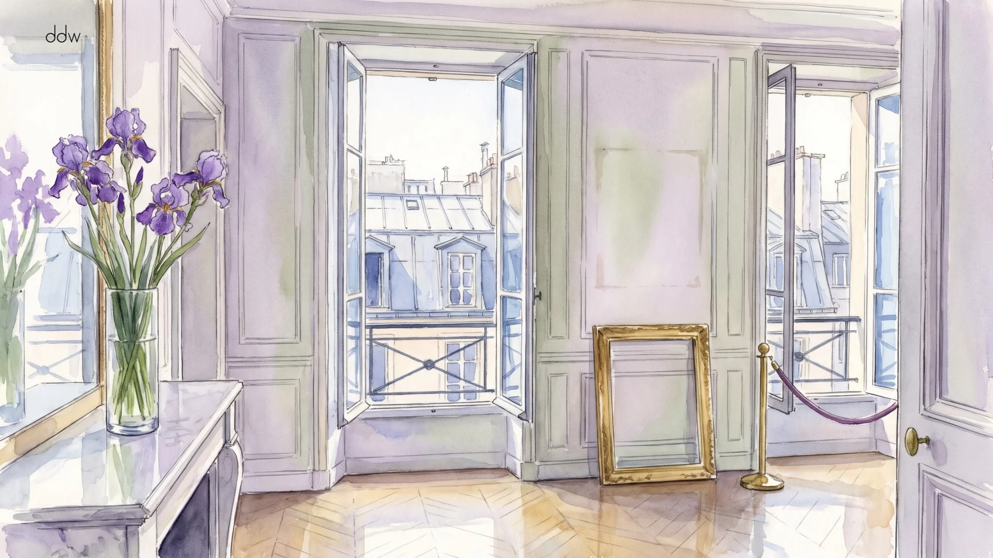 Watercolour of a Left Bank drawing room with irises in a vase, an empty gilt frame and a pale patch on the wall where a large picture hung