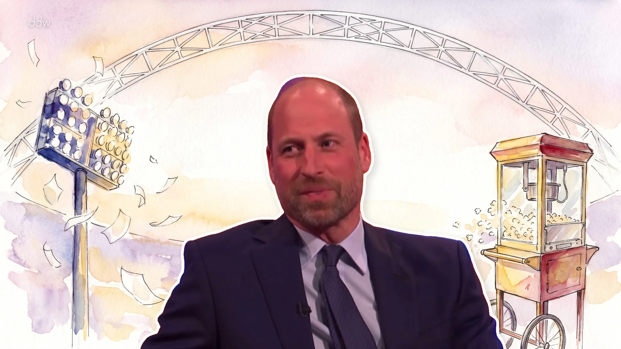 Prince William on The Graham Norton Show, set against a watercolour of the Wembley arch