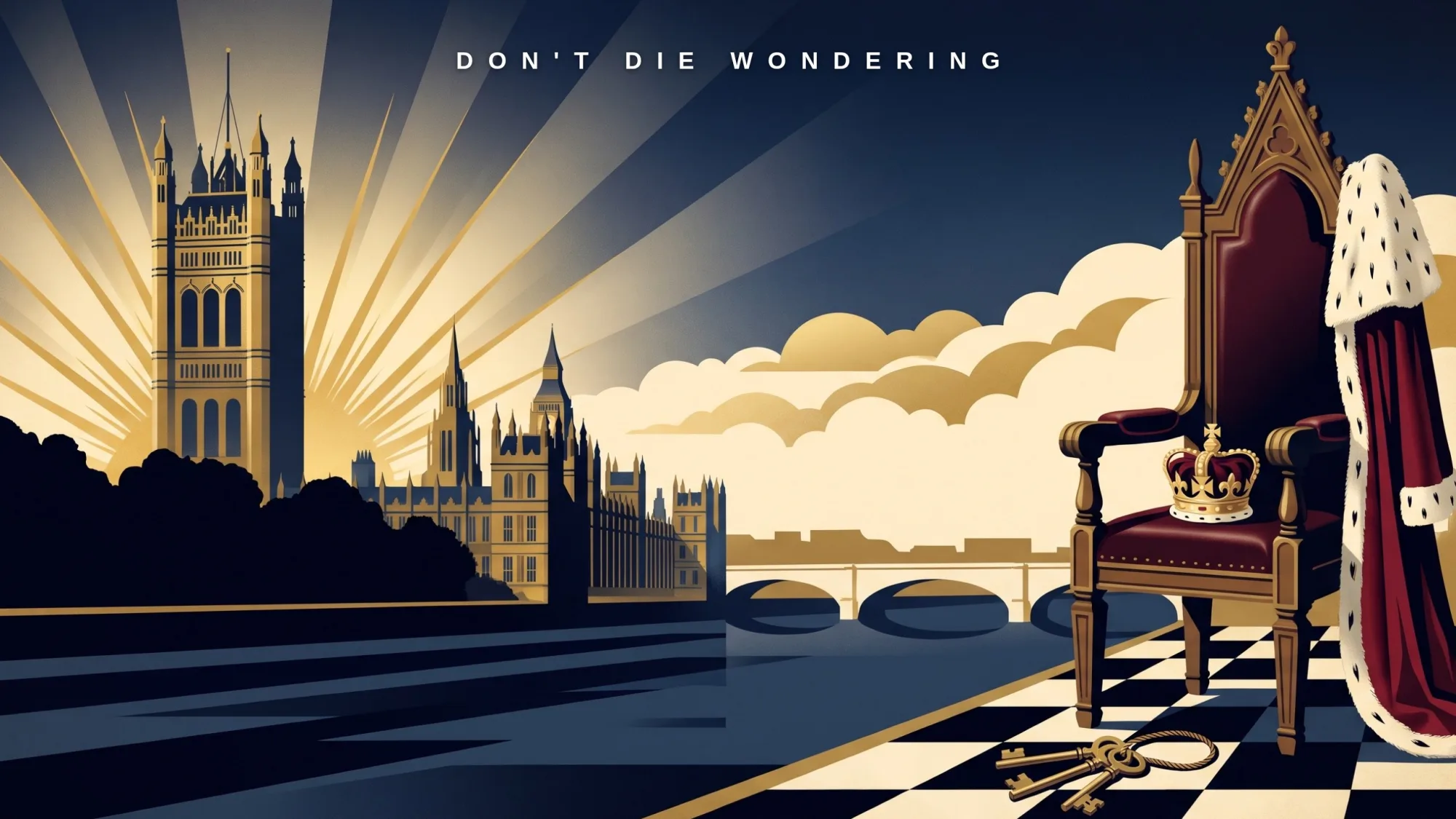 The Palace of Westminster in Art Deco gold and navy, with a crimson chair, a coronet and a set of keys