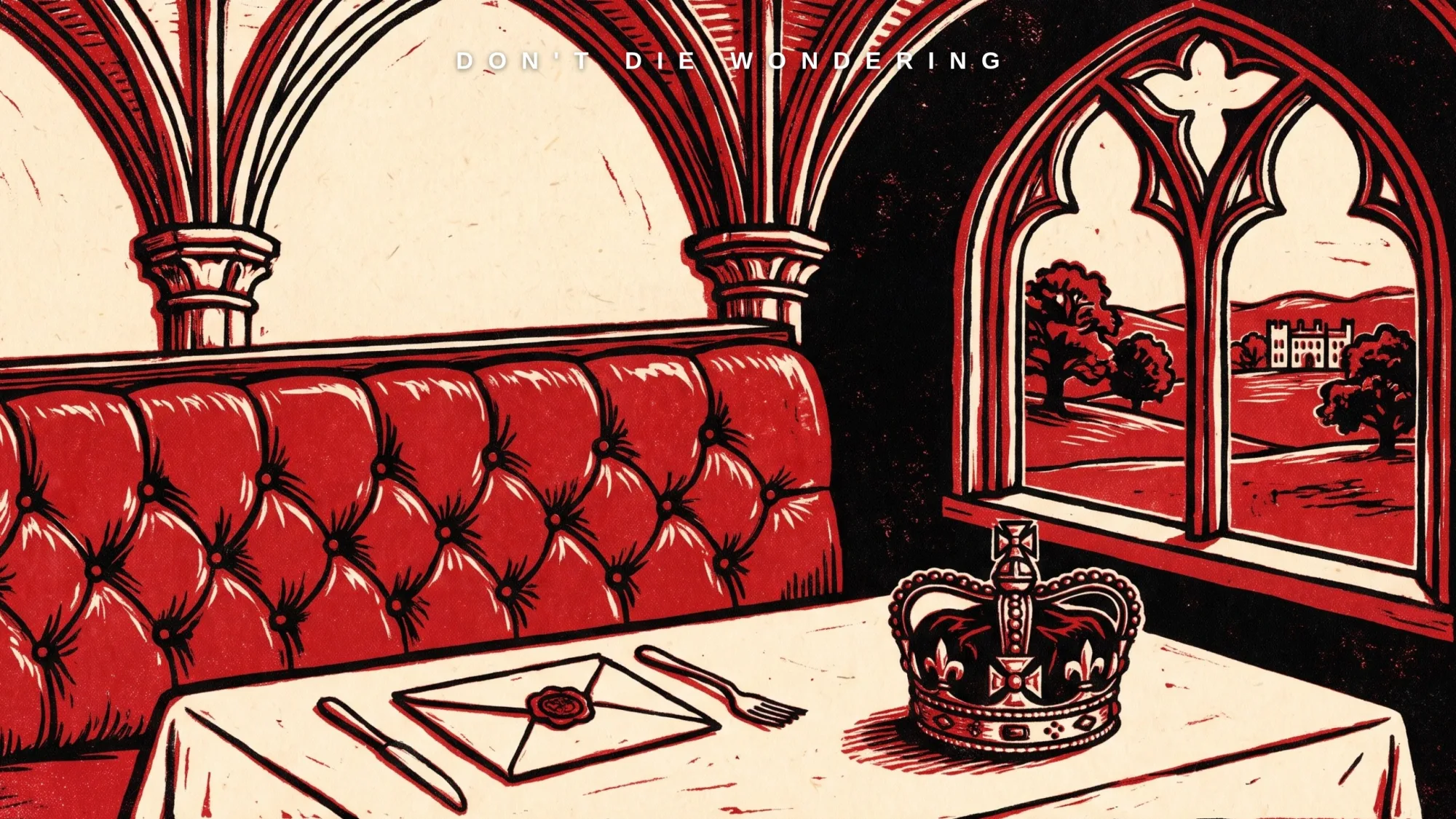 A red linocut of a tufted banquette, a crown and a sealed envelope under Gothic arches, with an English country-house park beyond the window
