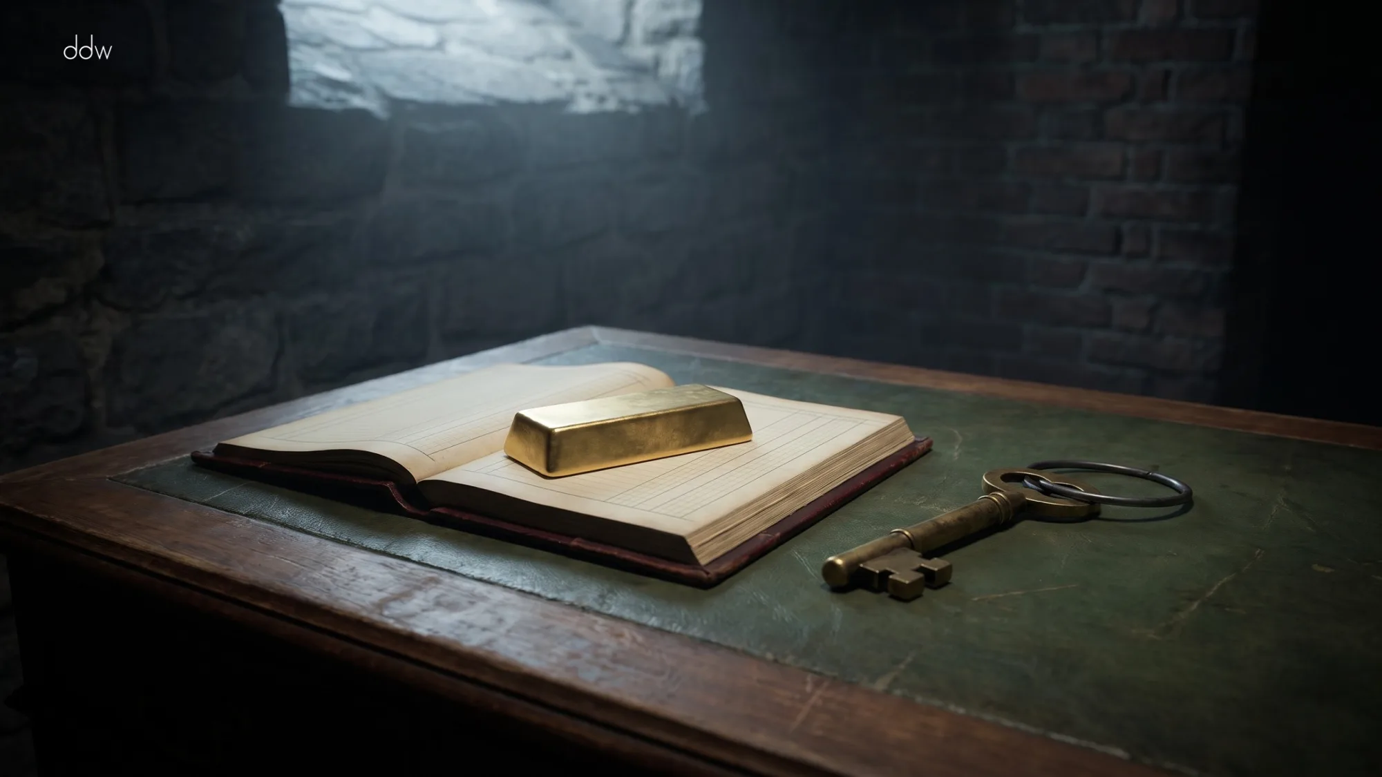 A single gold bar resting on an open bank ledger beside a heavy brass vault key in a dim stone vault