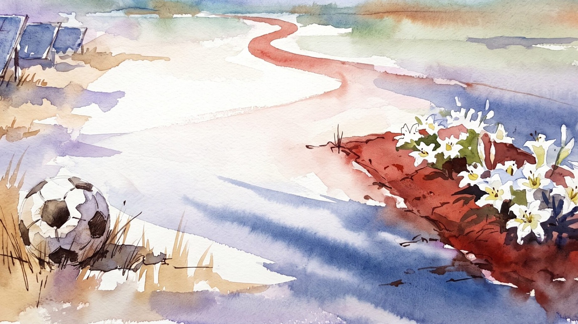 Watercolour of a red-earth grave with white lilies beside a path, a football in the grass